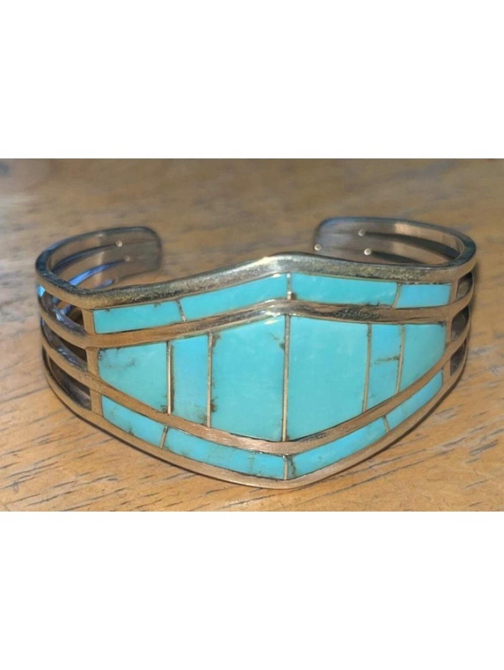 Native American Navajo handmade sterling silver turquoise bracelet cluster cuff